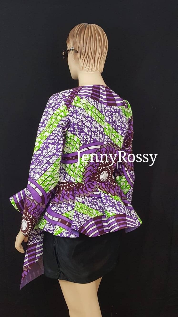 African Jacket, Asymmetric Top,Ankara Jacket, purple jacket, peplum Top