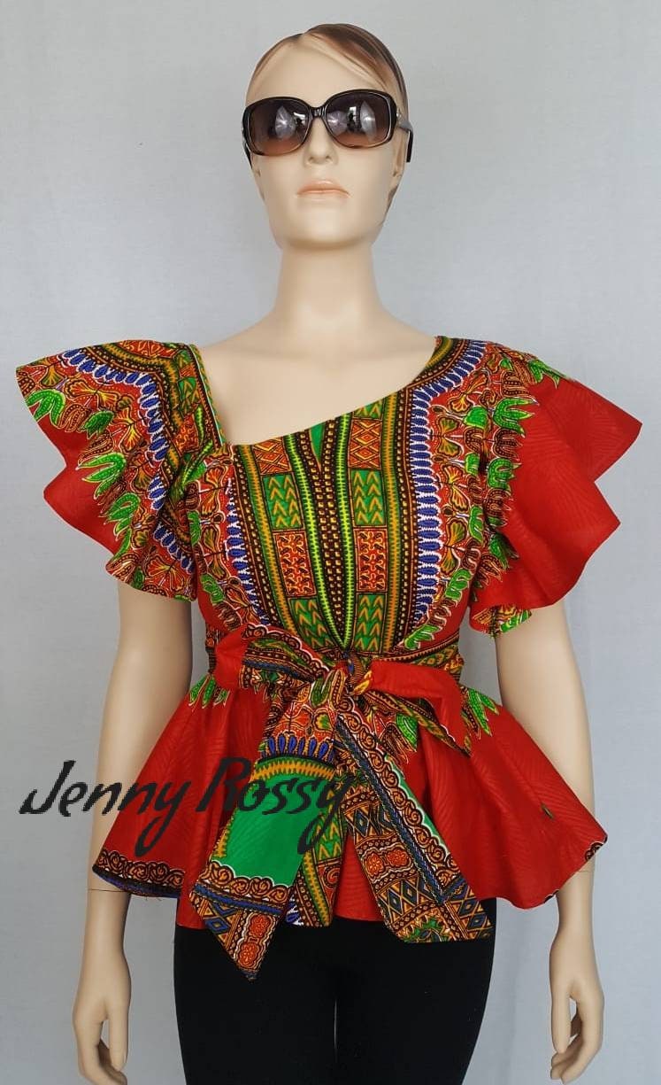 African clothing,African peplum top, Red dashiki Top, Off shoulder top