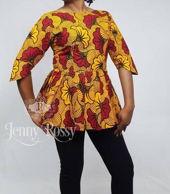 African Peplum print top ,floral  print blouse ,pleated peplum blouse