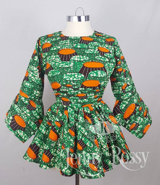 African print Top, Ankara peplum blouse, Green Ankara, st patrick Day Top