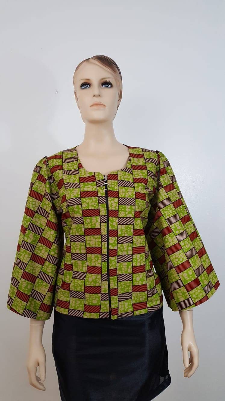 Ankara Top, African top, front zip up top, boho sleeves