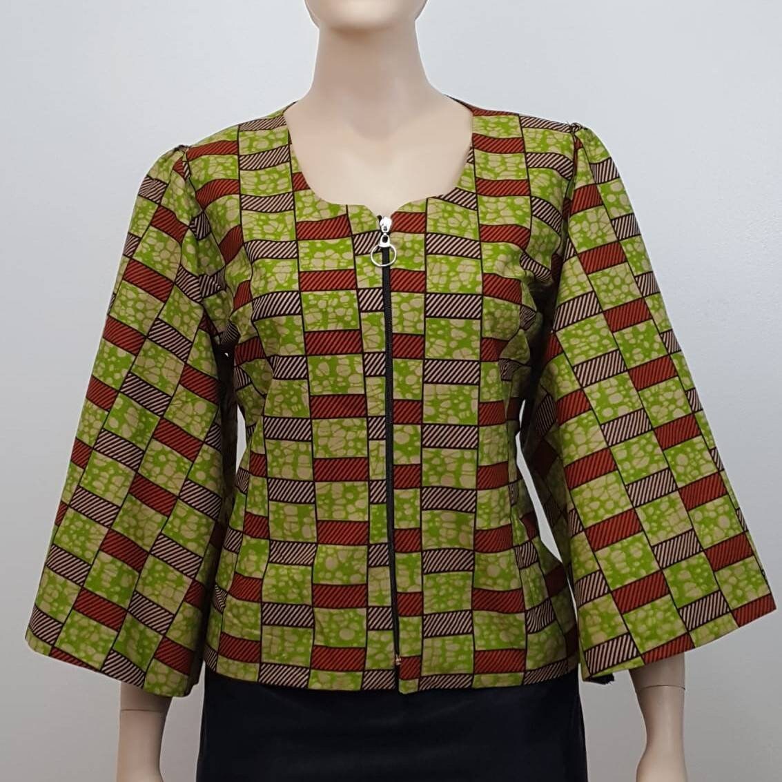 Ankara Top, African top, front zip up top, boho sleeves