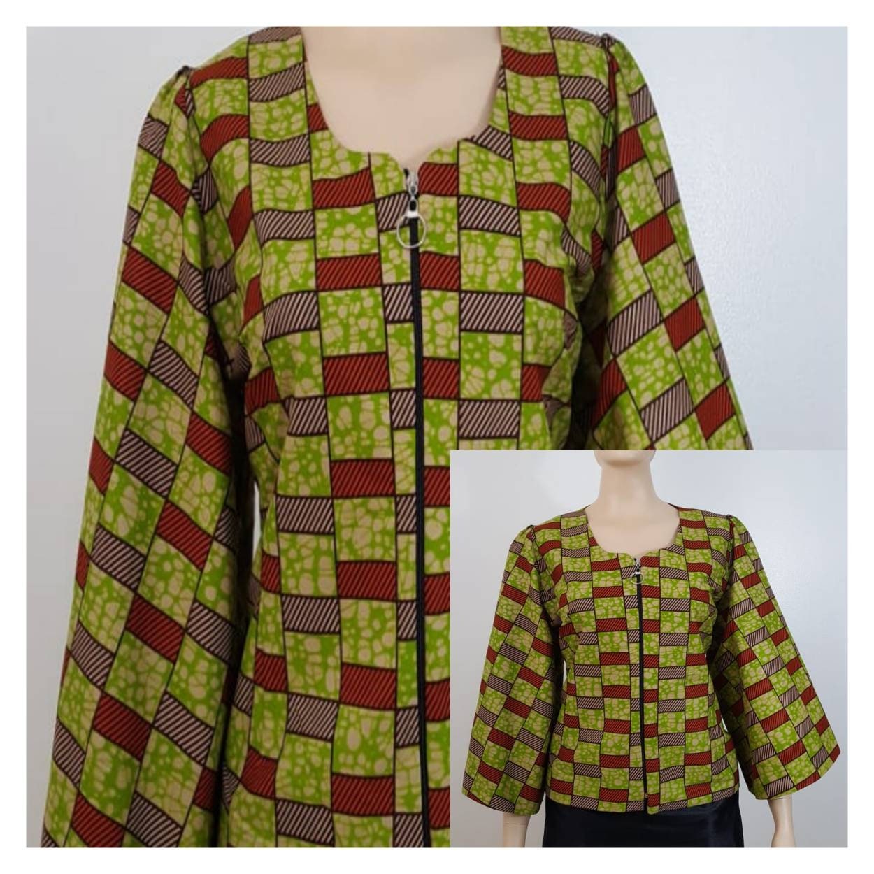 Ankara Top, African top, front zip up top, boho sleeves