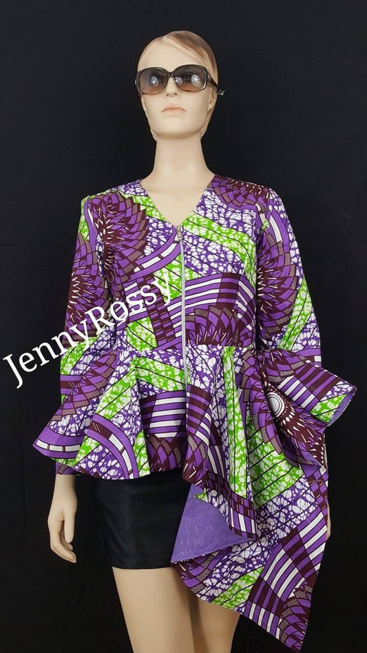 African Jacket, Asymmetric Top,Ankara Jacket, purple jacket, peplum Top