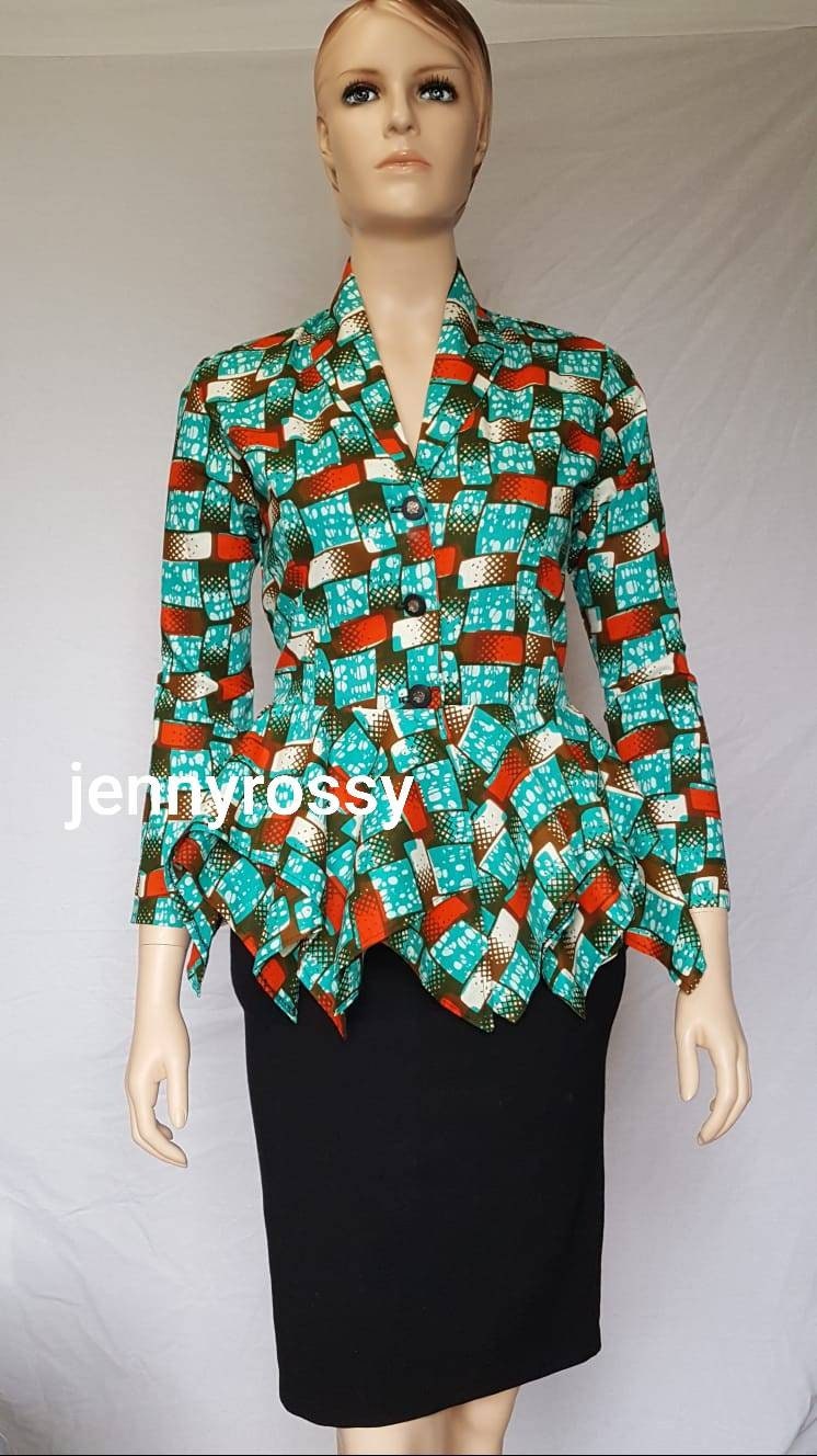 African Top,African Jacket, Ankara Blazer, African clothing, Asymmetric peplum