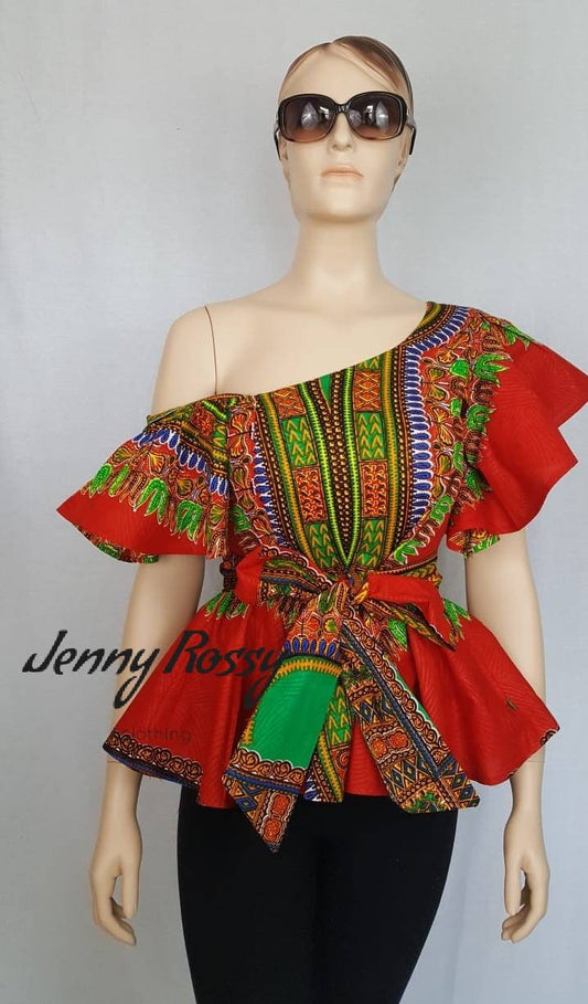 African clothing,African peplum top, Red dashiki Top, Off shoulder top