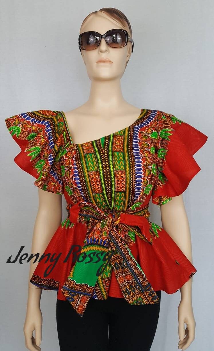 African clothing,African peplum top, Red dashiki Top, Off shoulder top
