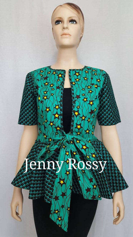 African clothing,  patchwork jacket, women's clothing, African jacket. African self-tie Top, Peplum Top