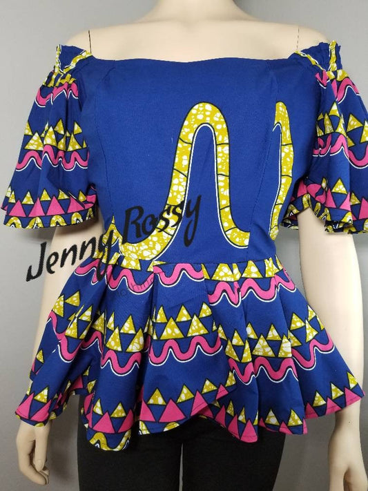 Blouse, African top, African clothing, ruffle sleeves, peplum Top, Ankara blouse, women clothing