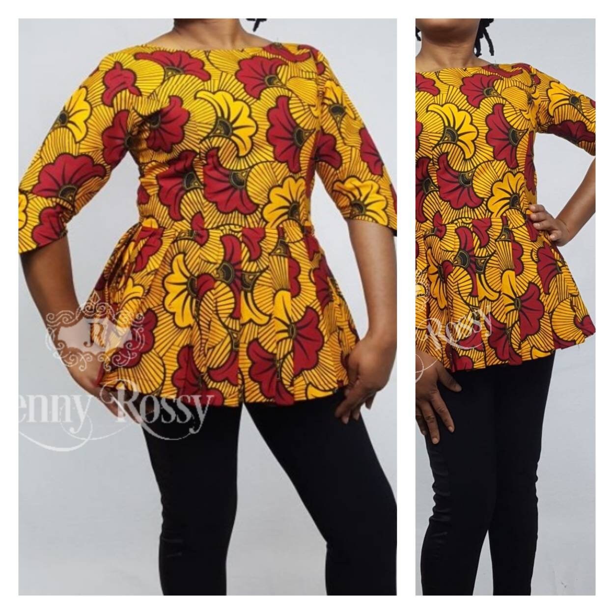 African Peplum print top ,floral  print blouse ,pleated peplum blouse