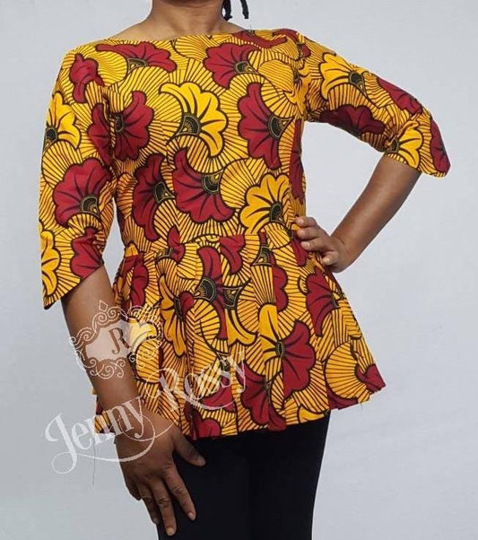 African Peplum print top ,floral  print blouse ,pleated peplum blouse