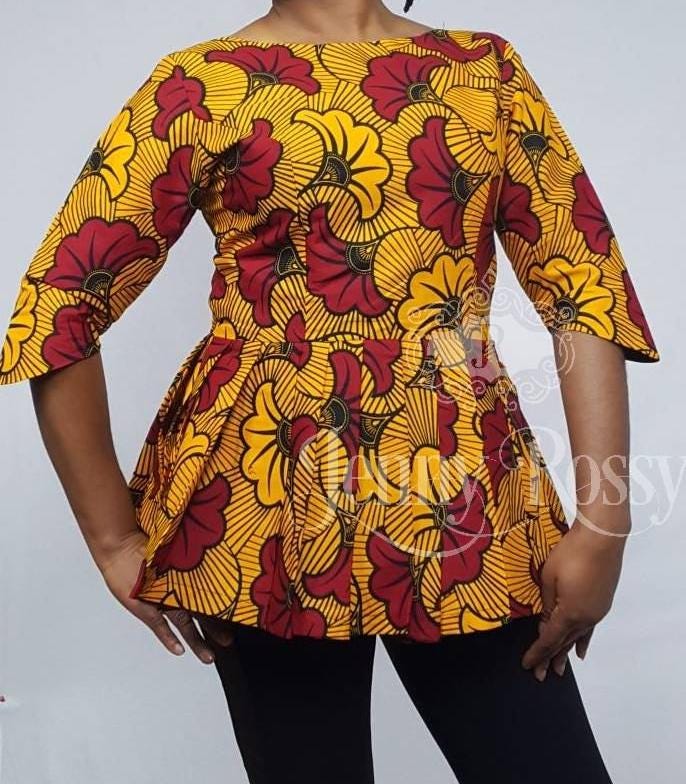 African Peplum print top ,floral  print blouse ,pleated peplum blouse