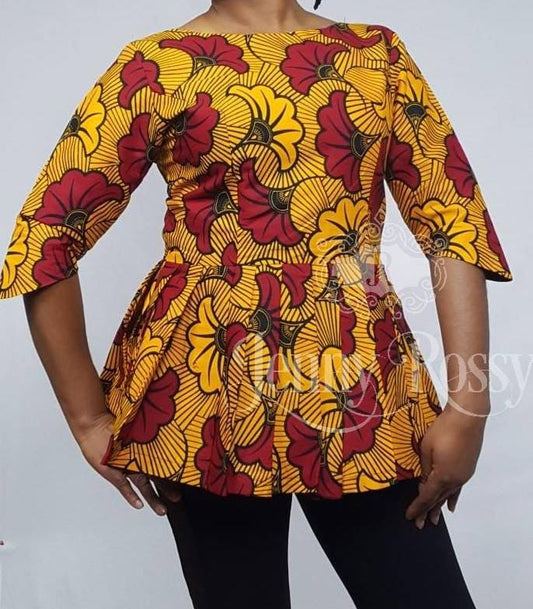 African Peplum print top ,floral  print blouse ,pleated peplum blouse