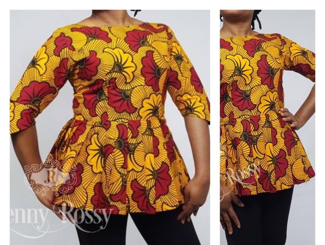 African Peplum print top ,floral  print blouse ,pleated peplum blouse