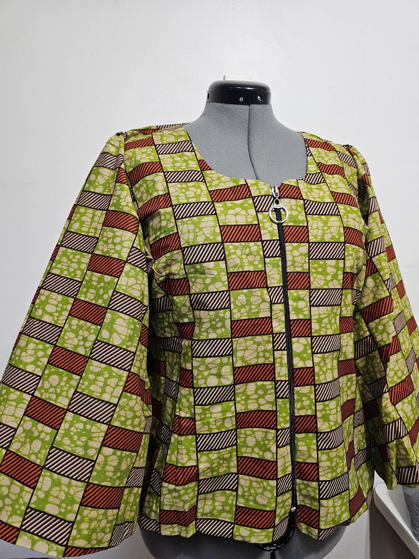 Ankara Top, African top, front zip up top, boho sleeves