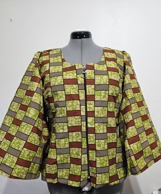Ankara Top, African top, front zip up top, boho sleeves
