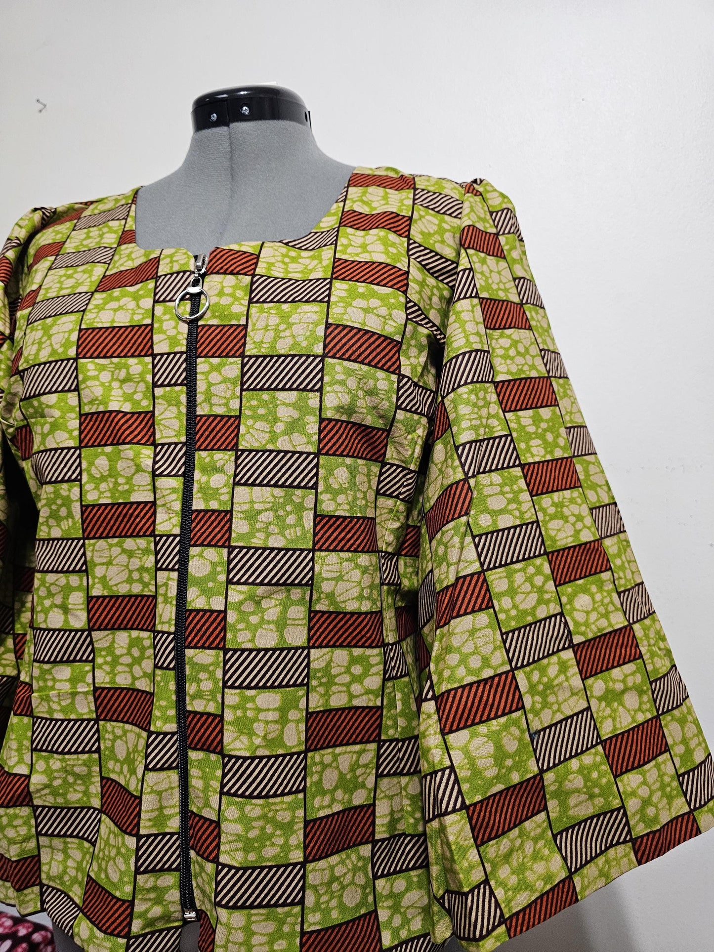 Ankara Top, African top, front zip up top, boho sleeves